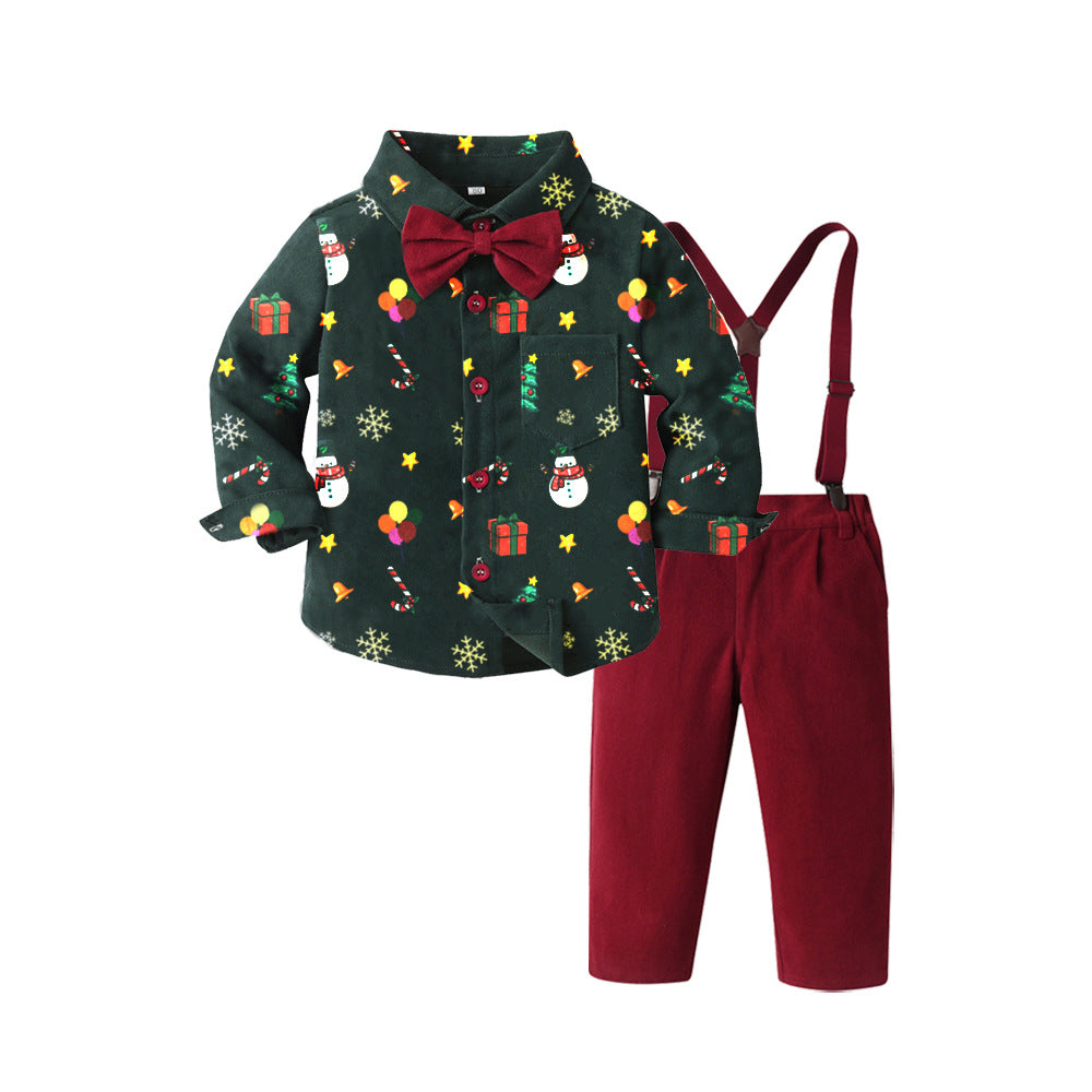 New arrival: boys' printed long-sleeve shirt & overalls set - gentleman's outfit, perfect for christmas!