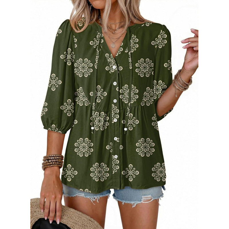 summer bohemian floral short sleeve button-down v-neck ruffle trim babydoll casual loose shirt