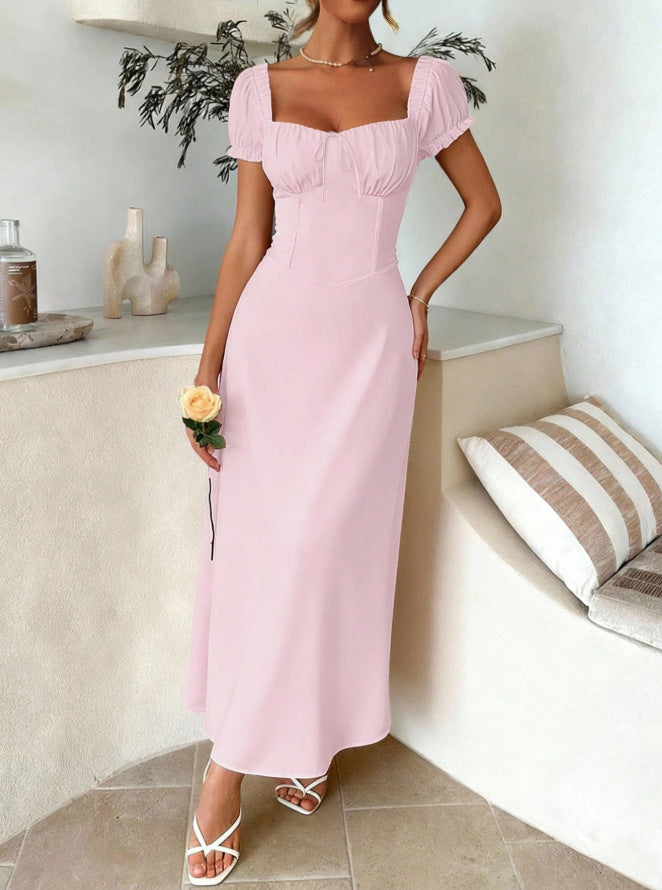 european and american cross-border new solid color fashion bandage pink dress