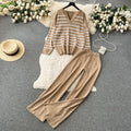 Korean style chic casual two-piece set for women - autumn/winter loose v-neck striped knit top + elastic waist flowy trousers