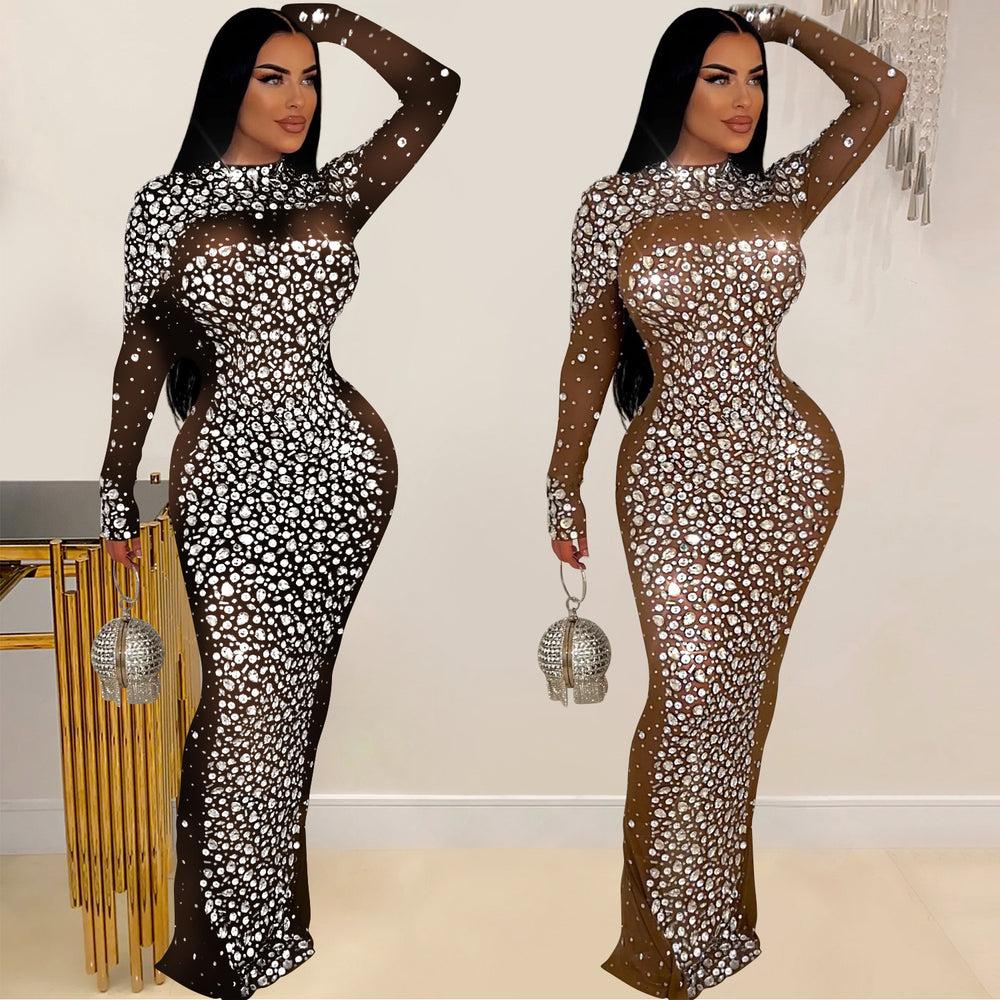 C6890 cross-border   fashion women's solid color mesh rhinestone long sleeve maxi dress
