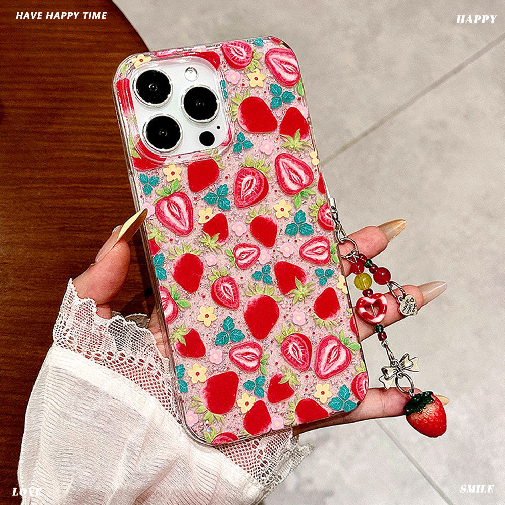 Full screen strawberry glue glitter suitable for iphone17 anti-fall mobile phone case apple 16promax anti-fall protective cover