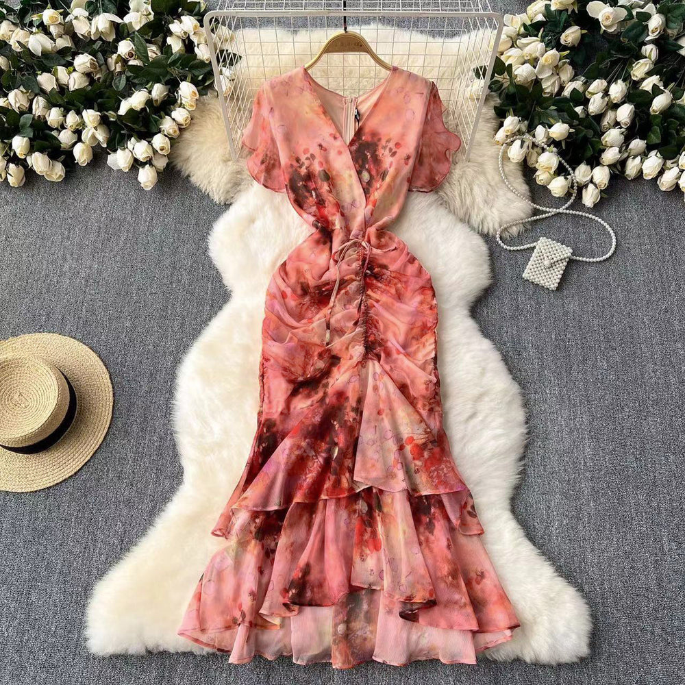new luxury chic chiffon printed dress - elegant ruffle hem mermaid gown - slimming women's dress