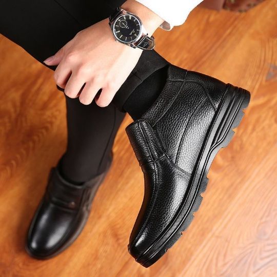 Genuine leather wool men's shoes, cowhide cotton shoes, men's winter fleece-lined leather shoes, thickened warm anti-slip snow boots, dad boots