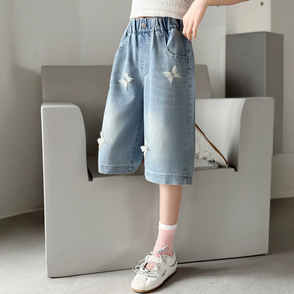 Girl hot diamond denim mid-pants summer style pants kids middle-aged and big kids shorts easiest for matchsummer thin half length pants
