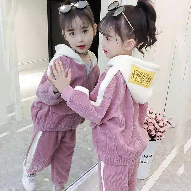Girls' corduroy outfit set - autumn/winter  new collection - fleece-lined, thickened, stylish two-piece set for mid-to-large children
