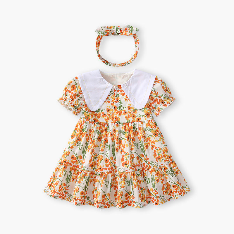 Girls' dress, category a,  short-sleeve baby dress, girls' summer dress, children's square neck baby birthday princess dress