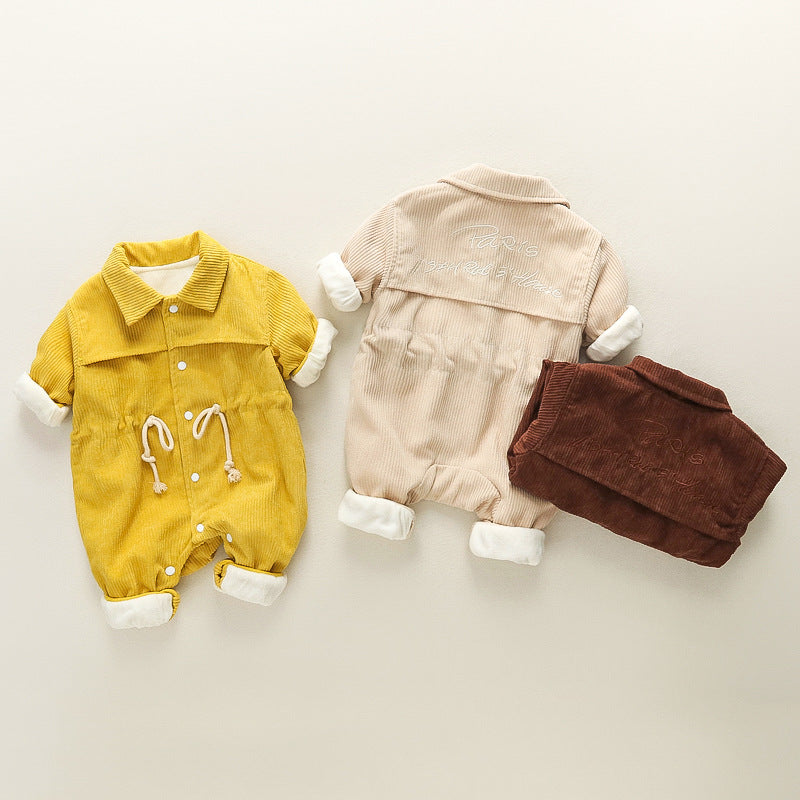 Baby outing one-piece clothes autumn winterthickened haki 0-1 years old baby boy climbing suit corduroy one-piece