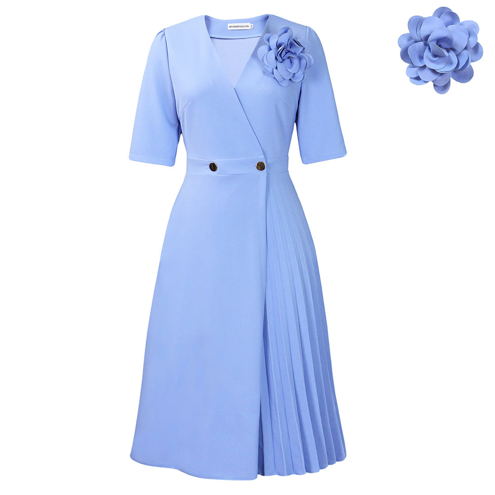 C8628 women's foreign trade summer  v-neck fashion short sleeve solid color elegant pleated african european and american style dress