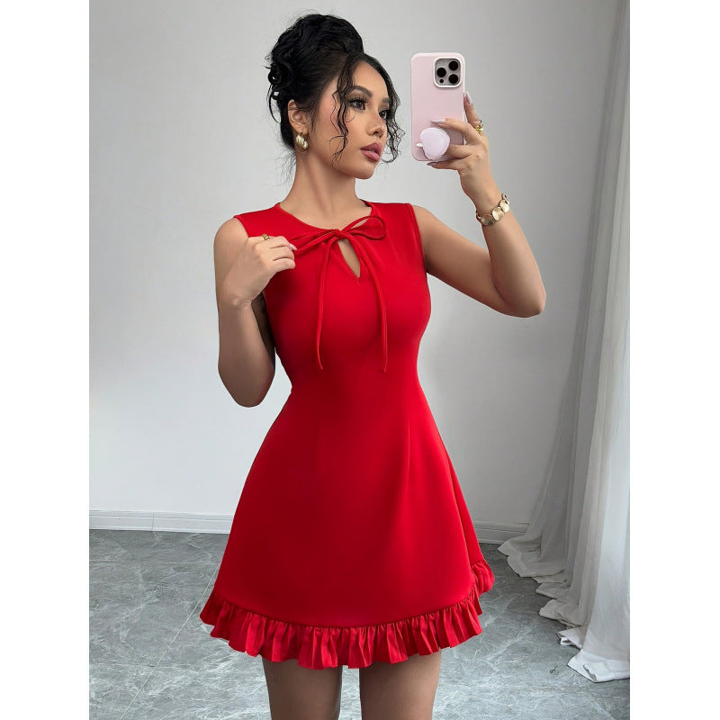 Women's round neck bow design front cut sleeveless silm hem color block ruffles mini dress
