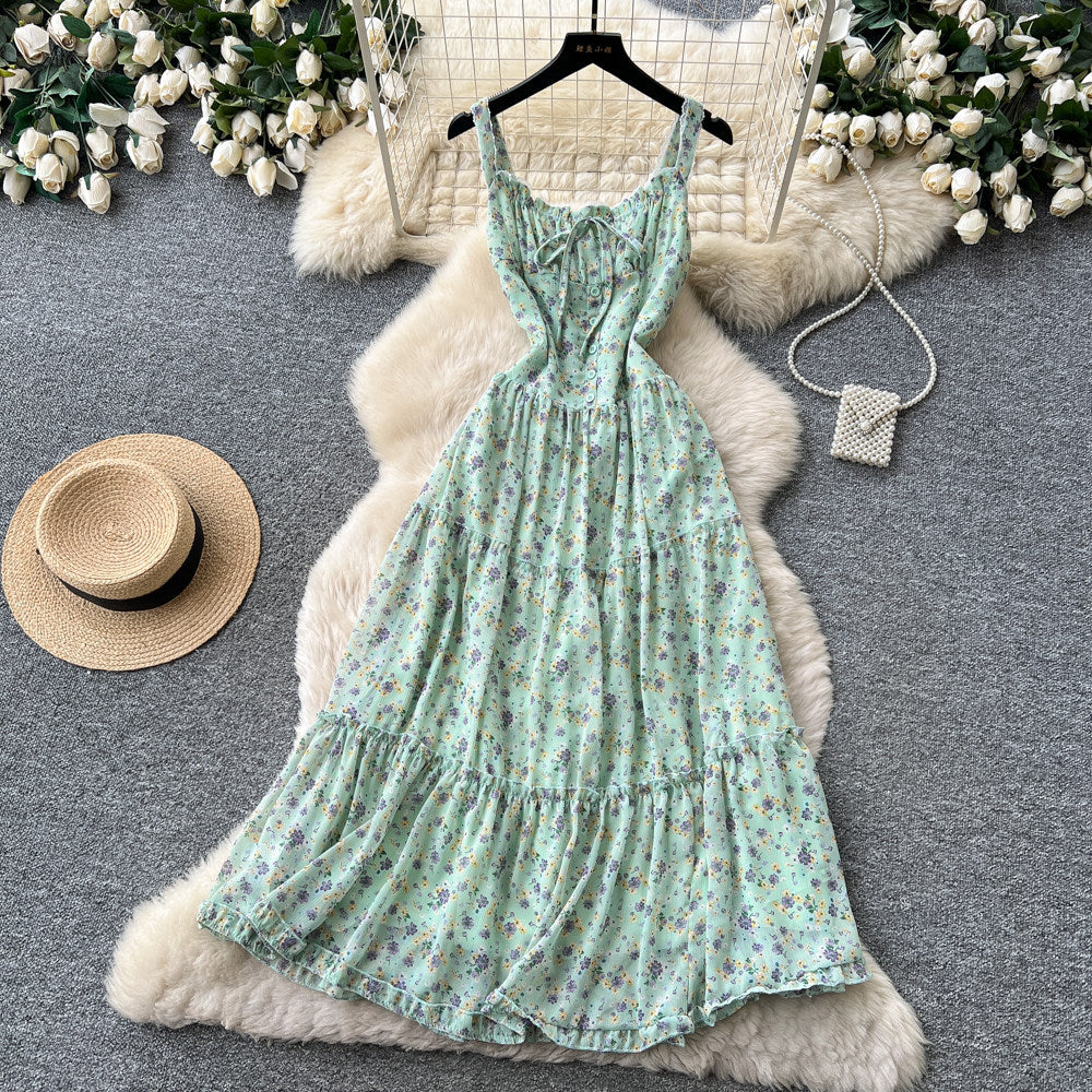 French sweet floral print cami dress - women's summer mint green lace trim, slim fit, vacation maxi dress