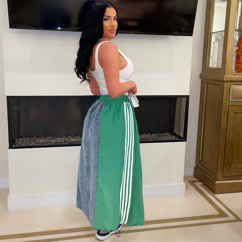 autumn new arrivals: european and american style women's fashion casual striped a-line loose denim color block midi skirt
