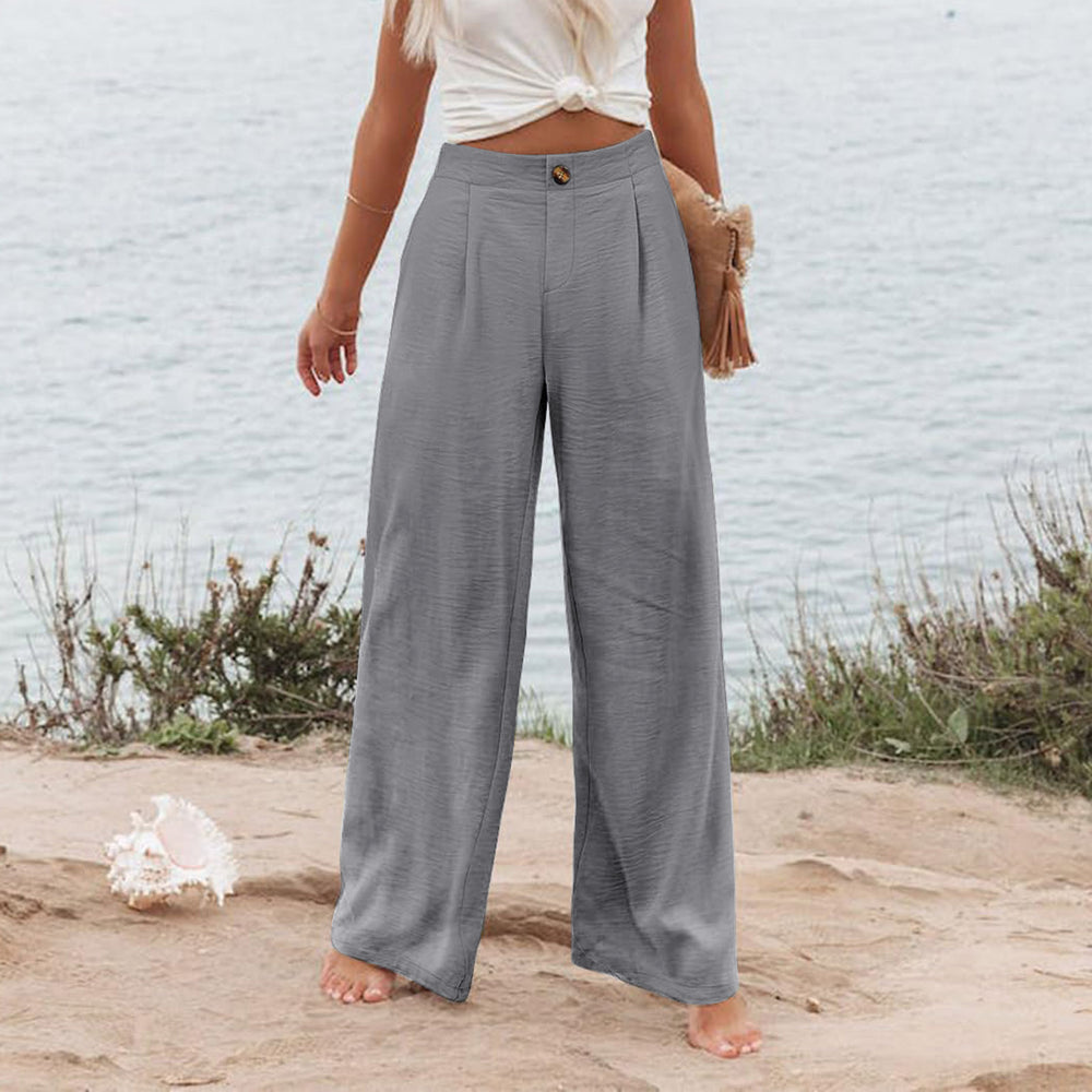 cross-border  fashion summer plaidhigh waistpants button elastic waist loose pants women's casual straight-leg pants