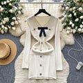 Chic chanel-inspired, high-end, bow-adorned v-neck, metal-buckle cinched-waist, long-sleeved knit dress for women – a french-style mini dress