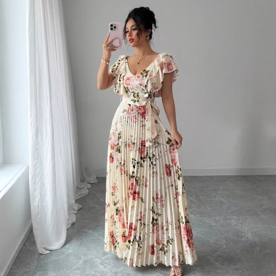 floral bubble sleeve french chic v-neck fitted waist maxi dress - printed floral summer dress