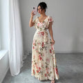 floral bubble sleeve french chic v-neck fitted waist maxi dress - printed floral summer dress