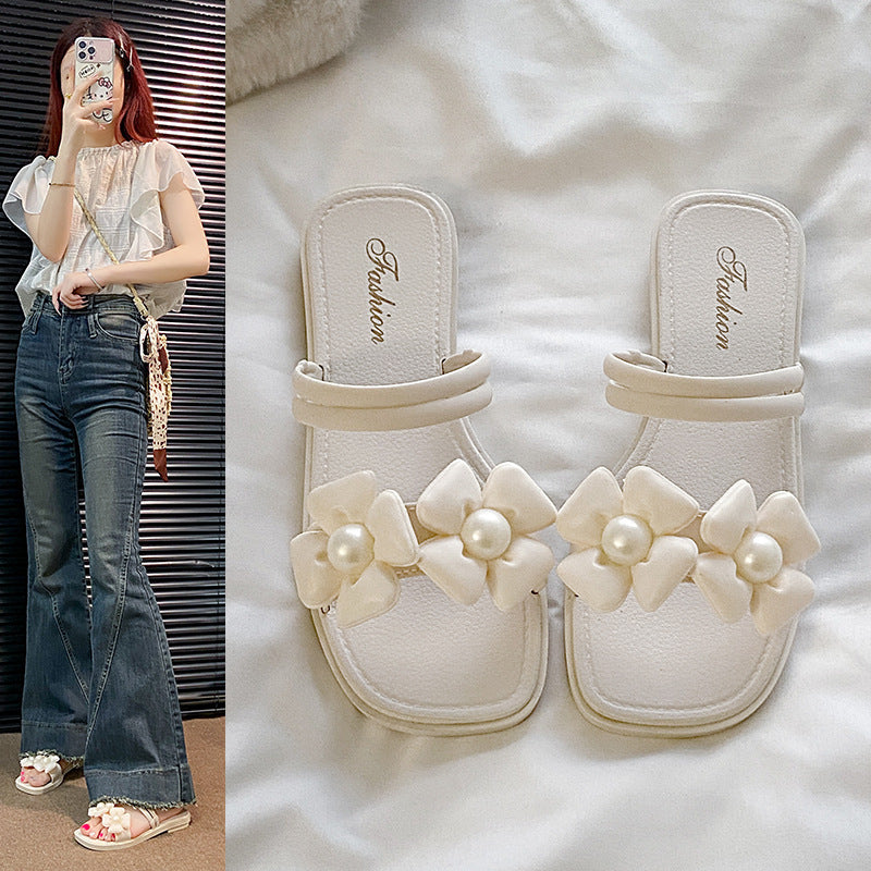 Pearl double flower hot style outwear sandals women's summer new fairy popular easiest for match soft bottom fashion slippers women