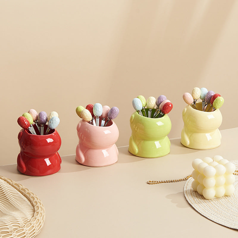 Cute dinosaur cartoon high-value ceramic cute fruit fork box stainless steel fruit fork suit afternoon tea spoon combination