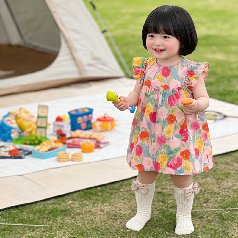 new summer tulip flutter sleeve girls' dress - stylish vest-style princess dress, lightweight summer wear