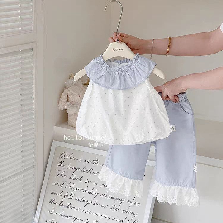 【dropshipping】girls' summer outfit set - new stylish baby doll collar sleeveless tank top with color block design