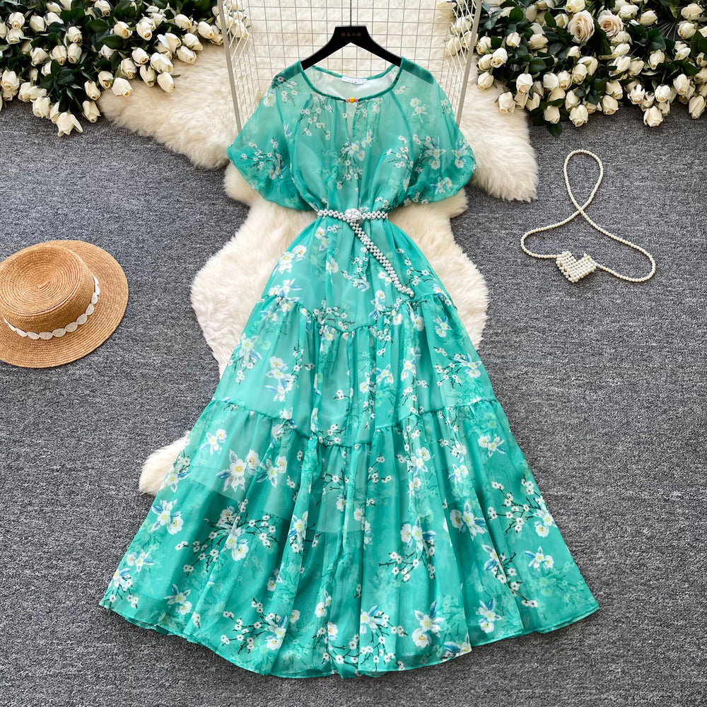 French chic v-neck floral dress - women's summer korean style short sleeve slimming a-line maxi dress - vacation ready