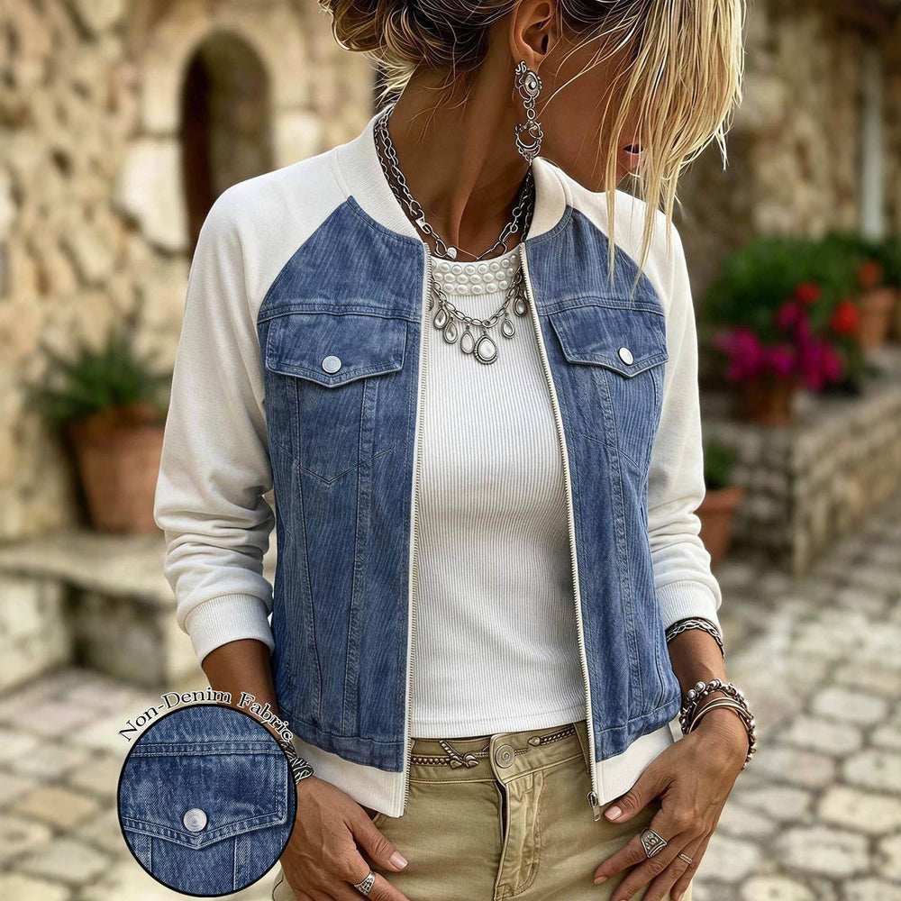 Faux denim patchwork plus size baseball jacket - raglan sleeve, zipper closure, pocket detail, relaxed fit, women's cropped jacket