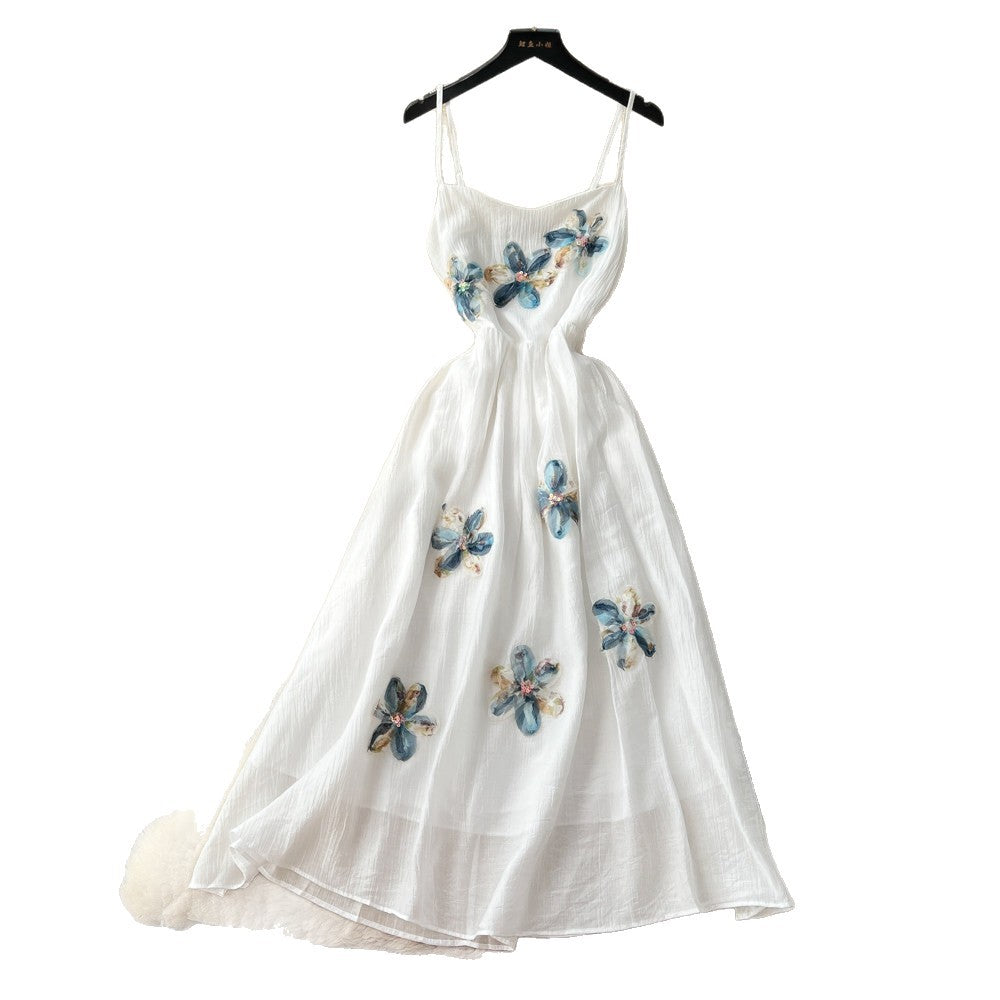 French riviera style sweet cami dress - women's designer dress with intricate 3d floral appliqués and cinched waist