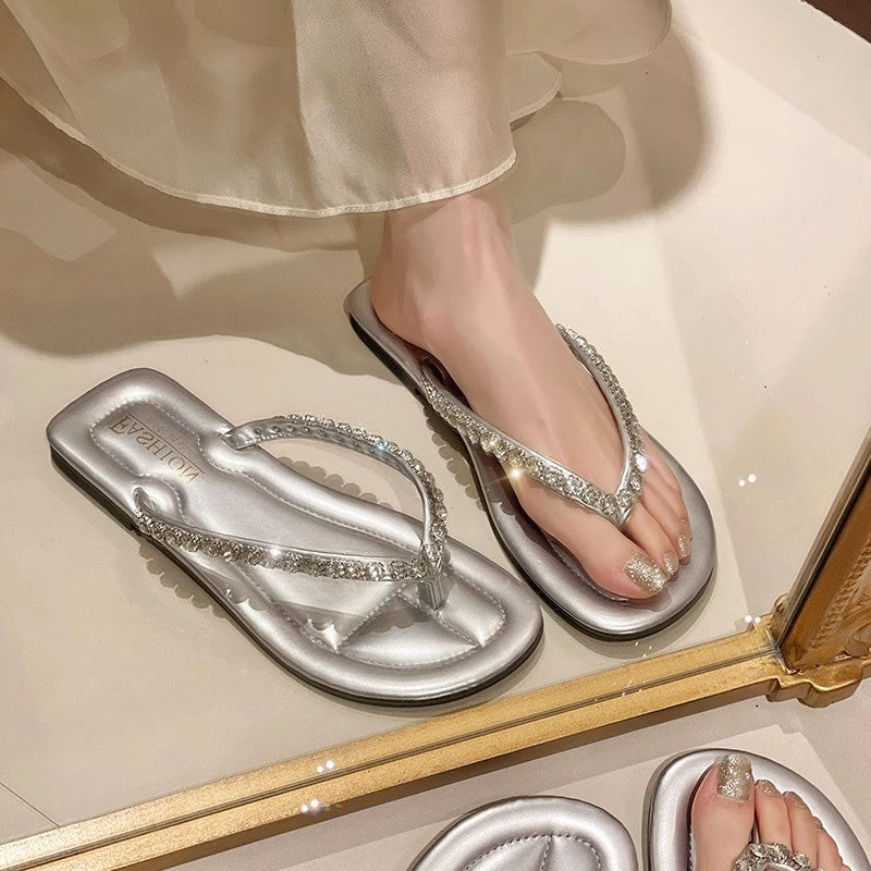 Influencer-approved flip-flops: new summer collection - trendy, versatile, soft-soled, flat, high-end rhinestone slides for women