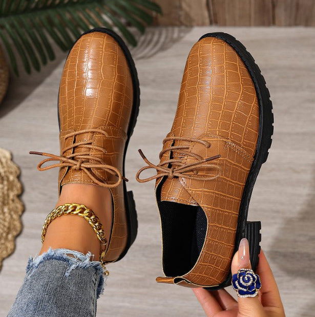 Foreign trade large size versatile single shoes thick heel thick sole lace-up small leather shoes women's British style loafers