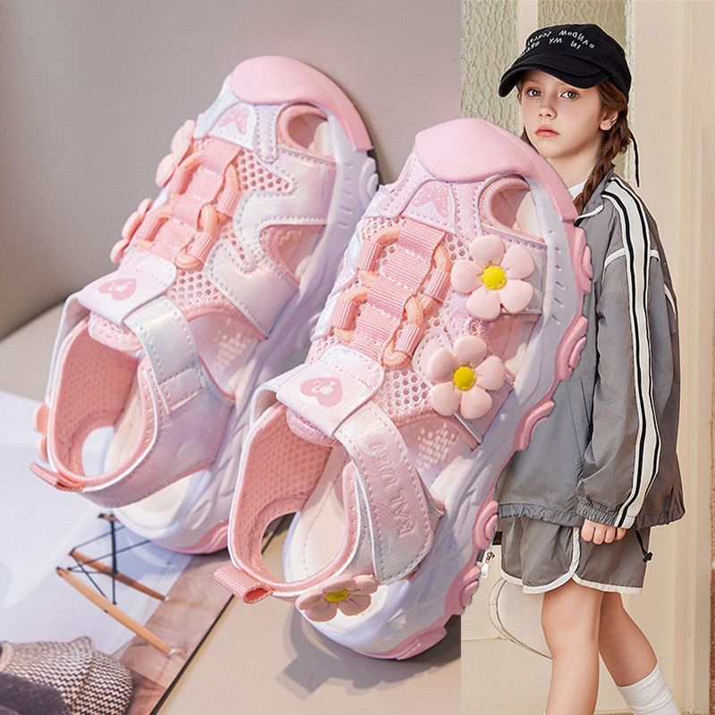 Girls' sandals: new spring/summer  collection - breathable mesh, closed-toe casual sandals for girls, trendy floral design for toddlers and big kids