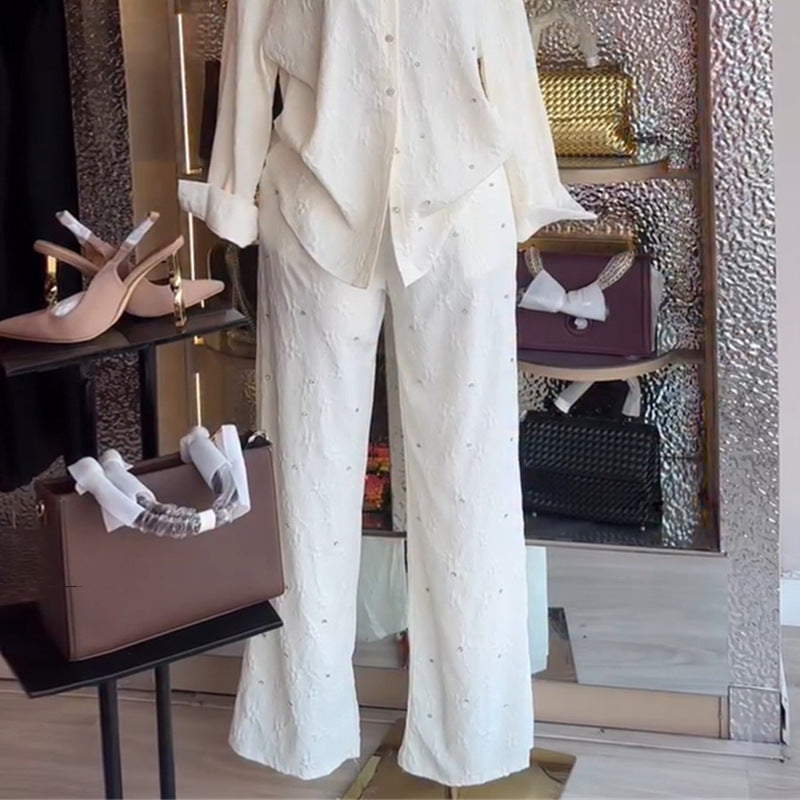 European and american cross-border women's fashion:  autumn new collection - stylish turn-down collar, rhinestone-embellished long sleeve blouse and wide-leg trousers casual set