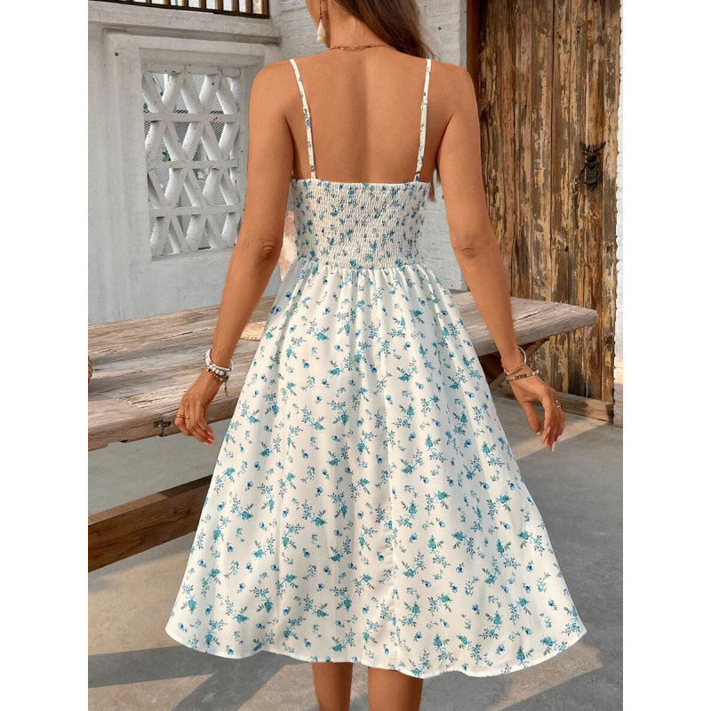 fashion  summer new sweet floral sexy backless tie back slit mid-length dress