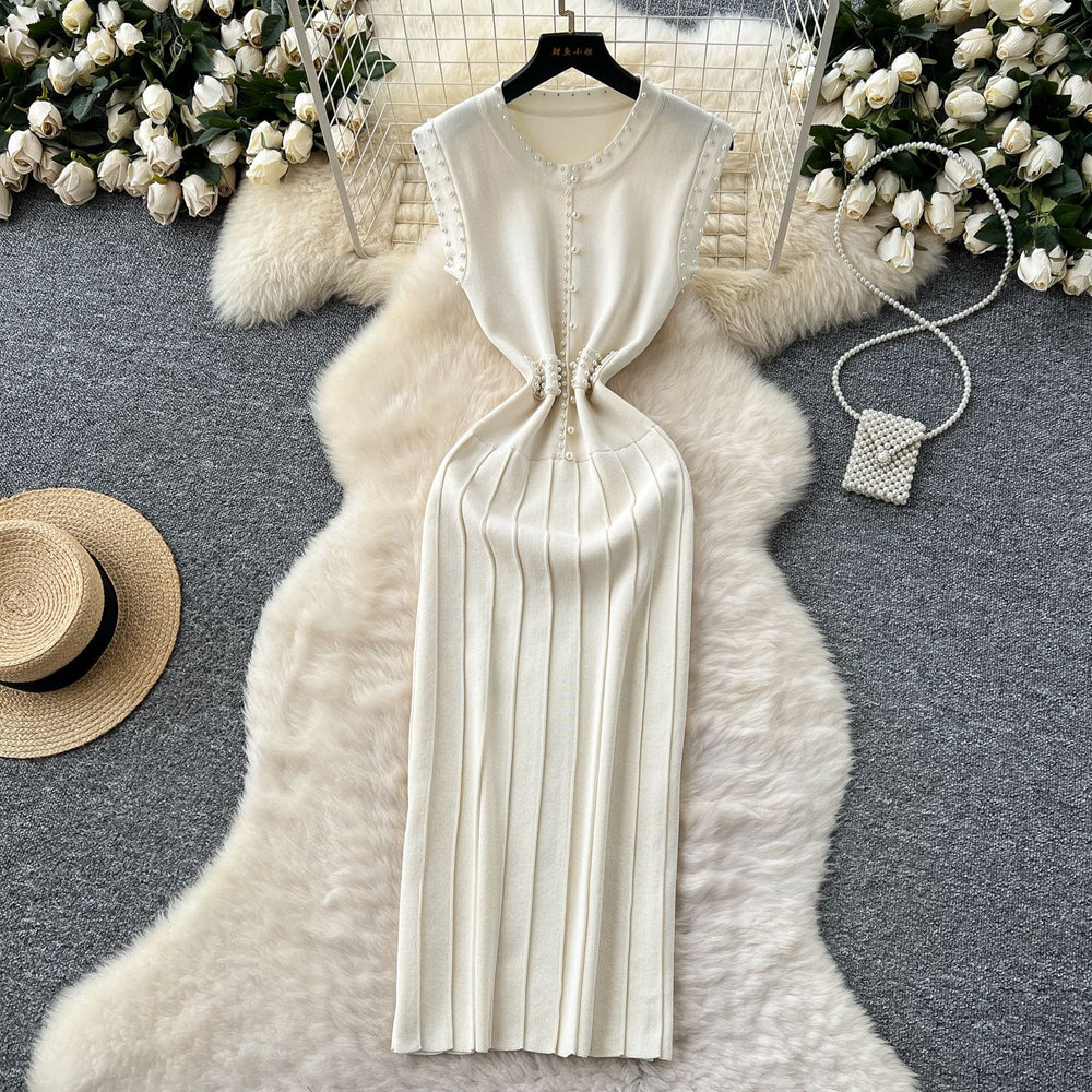 Celebrity fashion heavy industry beading round neck sleeveless knittingdress women's summersexyslimming look medium longsweater skirt