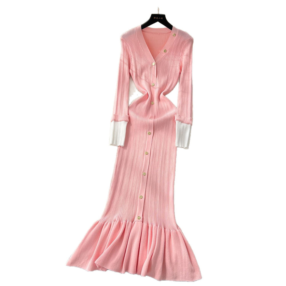 French retro chic v-neck metallic buckle color block long sleeve knit dress - slim fit mermaid maxi dress