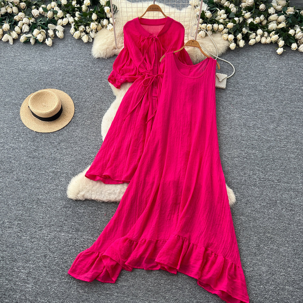 Vacation style yellow ruffles pleated two-piece set female spring autumslimming lookelegantwork clothingsuit skirt classy sense