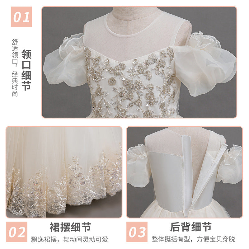 Yimingzhi girls' formal dress - off-the-shoulder, elegant flower girl dress for runway shows and piano performances - ready-to-ship cross-border fashion