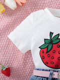 hot-selling baby & toddler cute strawberry print top + heavily embroidered denim short set for girls