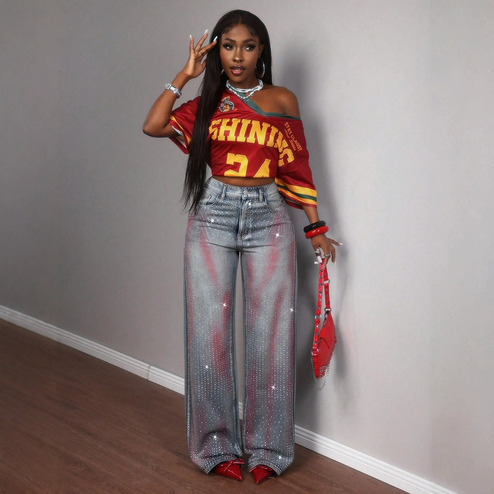 Fashion heavy industry hot diamond gradient red pattern wide leg jeans women's high waist washed bright diamond drapedmoppants cross-border