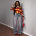 Fashion heavy industry hot diamond gradient red pattern wide leg jeans women's high waist washed bright diamond drapedmoppants cross-border
