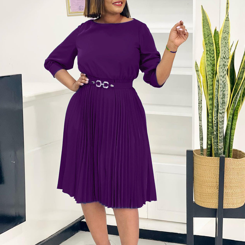 C3344  cross-border new women's fashionable and elegant round neck three-quarter sleeve pleated african dress
