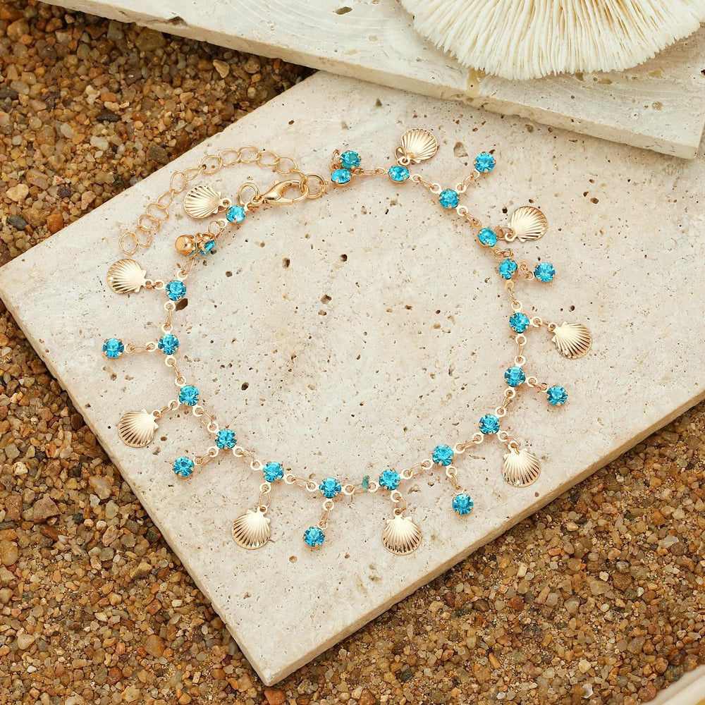 European and american cross-border exotic princess blue zirconium shell anklet accessible luxury niche exquisite holiday style tassel ocean foot jewelry