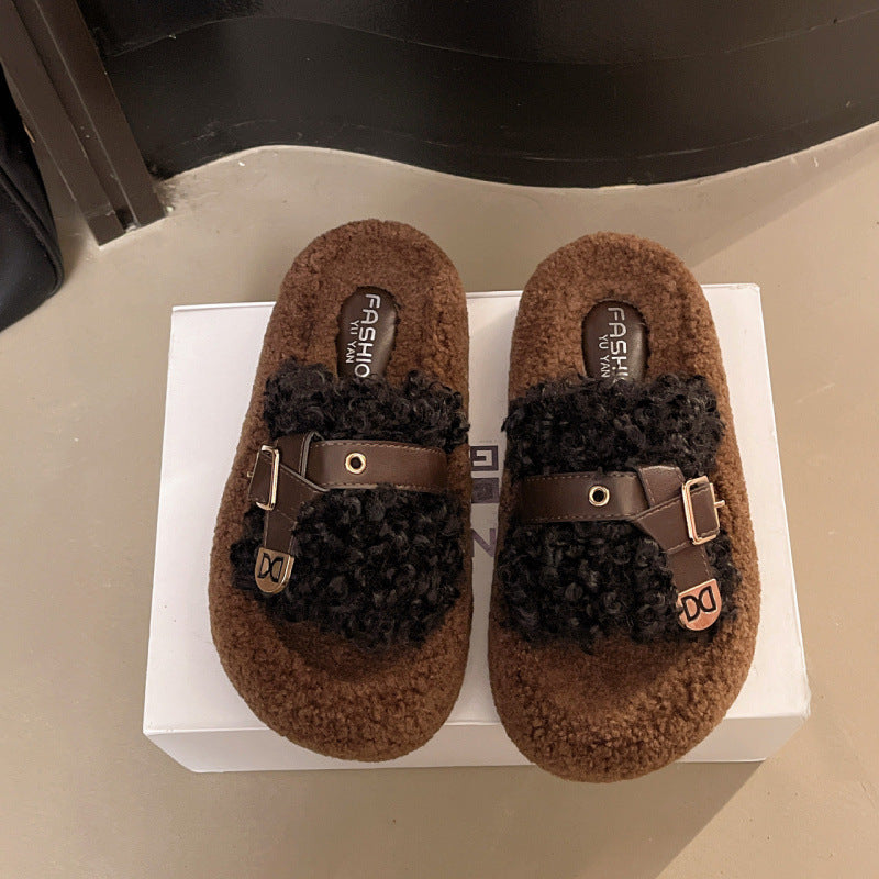 One-line fur slippers for women fashionthick sole belt buckle height-increasing outwear slippers easiest for match home stuffed soft bottom slippers