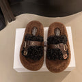 One-line fur slippers for women fashionthick sole belt buckle height-increasing outwear slippers easiest for match home stuffed soft bottom slippers
