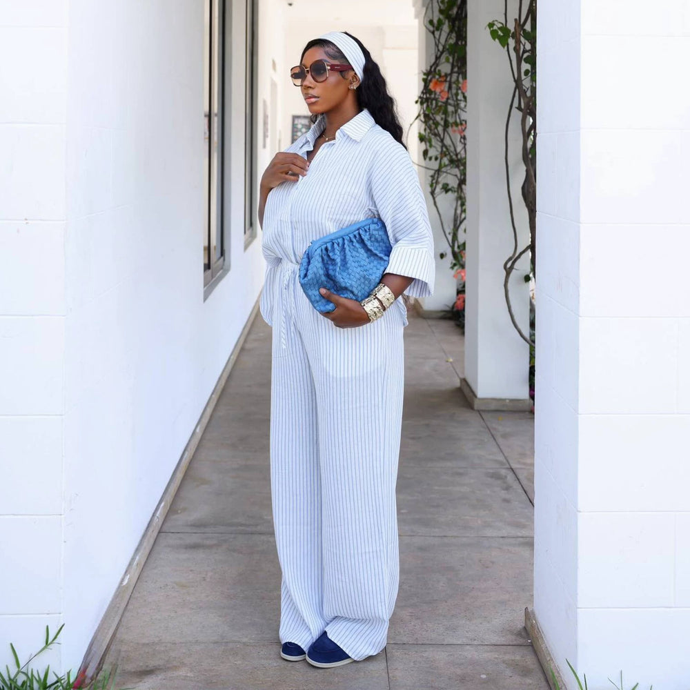 European and american cross-border women's fashion:  summer new arrivals - stylish striped oversized shirt and wide-leg pants casual set