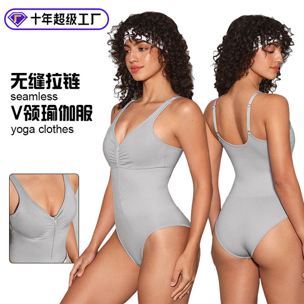 Zipper jumpsuit backless jumpsuit chest pumping wrinkled jumpsuit small V-neck gray yoga suit moisture wicking