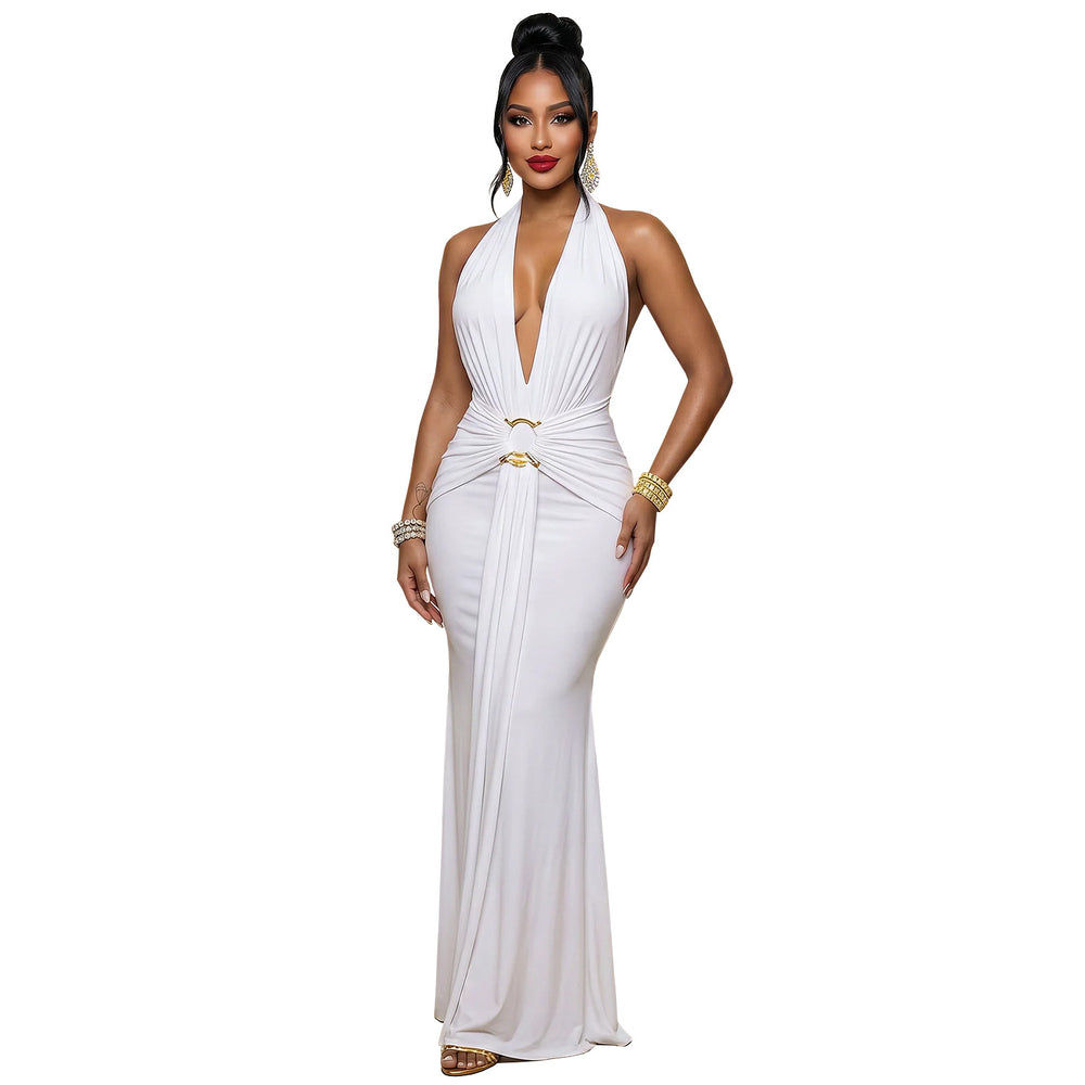 C7789 cross-border  new women's halter neck deep v ruched mermaid evening dress slim fit banquet party gown