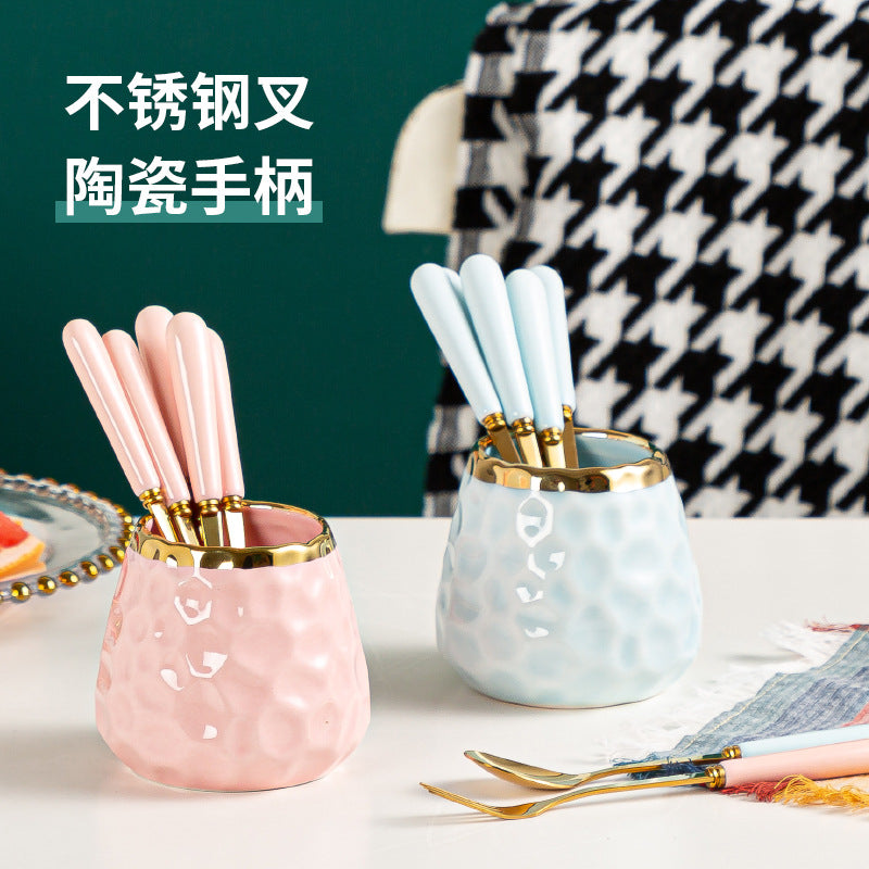 Simple fruit fork spoon ceramic storage jar stainless steel high-looking ceramic handle fruit fork household set wholesale