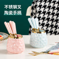 Simple fruit fork spoon ceramic storage jar stainless steel high-looking ceramic handle fruit fork household set wholesale