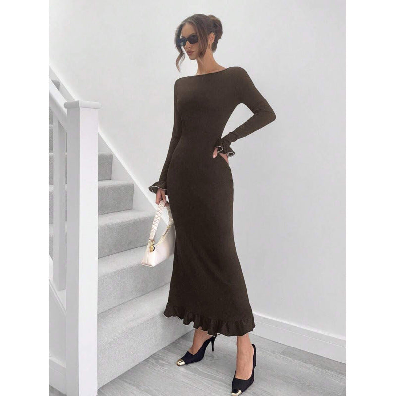 fashionautumelegancesilm round neck bell sleeves fishtail skirt ruffleslongdress