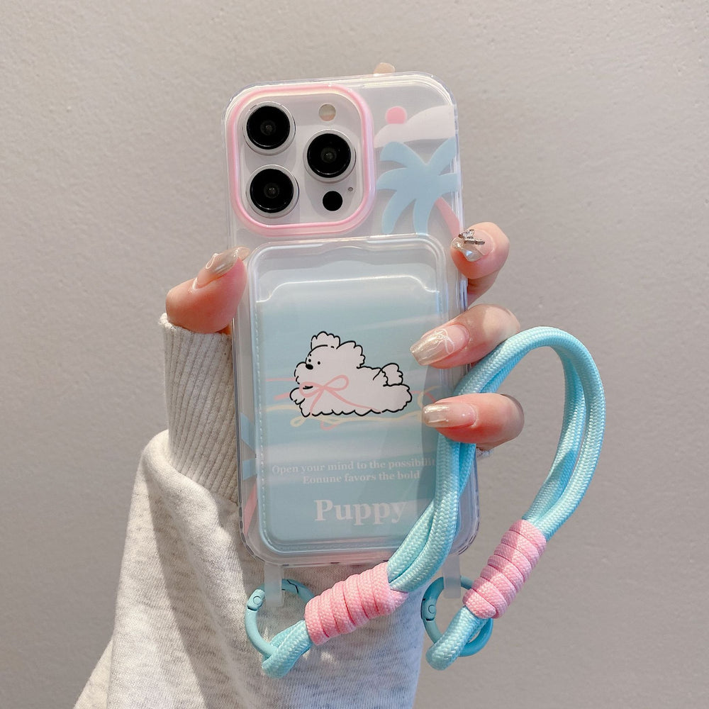 Suitable for apple 16pro creative lanyard card holder mobile phone case iphone11/14 cartoon puppy tpu protective cover